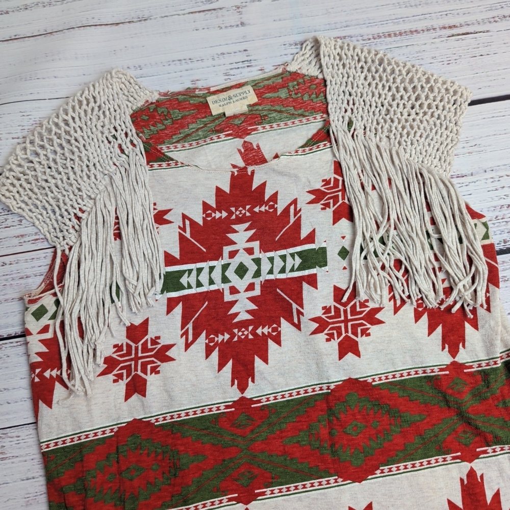 Denim & Supply Ralph Lauren Womens Top Aztec Western Crochet Fringe Top Size Med